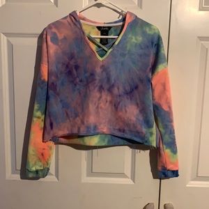 Rainbow tie-dye crop top with a hood